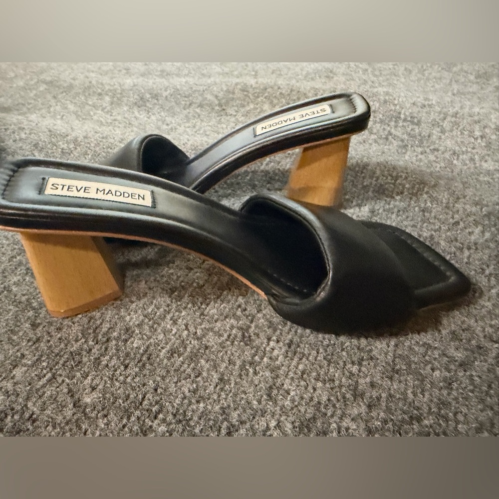 Steve Madden Black Leather Slide Mules with Wood Block Heel